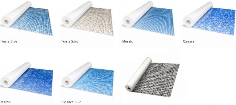 Krásny vonkajší bazén s prelivom, murovaný so skimmerom z fólie MOSAIC ALKORPLAN3000 podľa projektovej dokumentácie, farba fólie modro biela mozaika, modrá voda - vzorkovník fóliové mozaiky